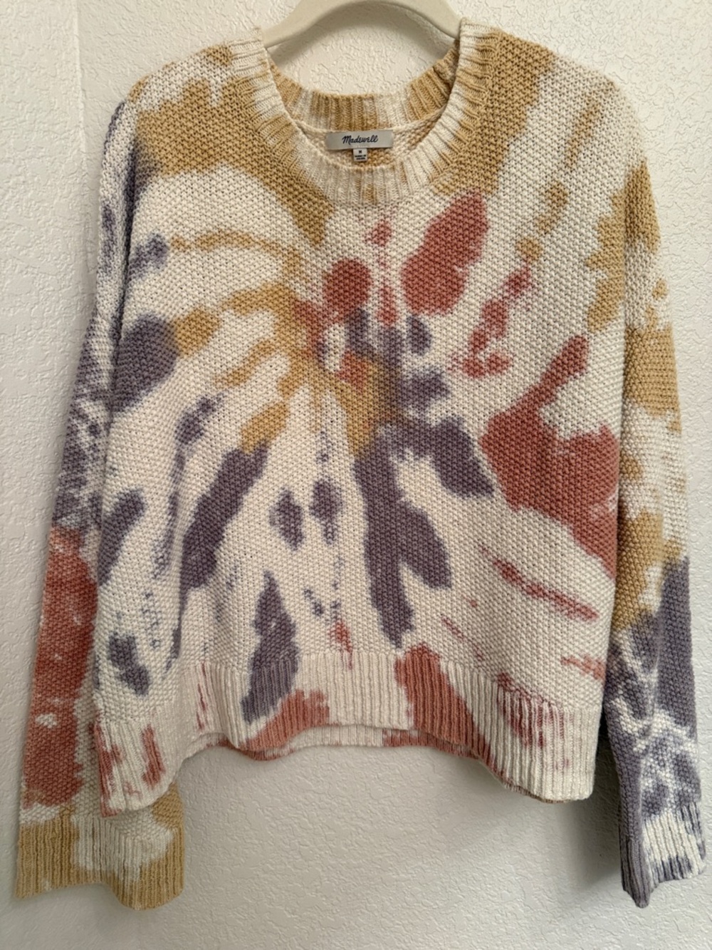 Madewell Cream Knit Crewneck Sweater with Rust, Mustard & Lavender Tie-Dye